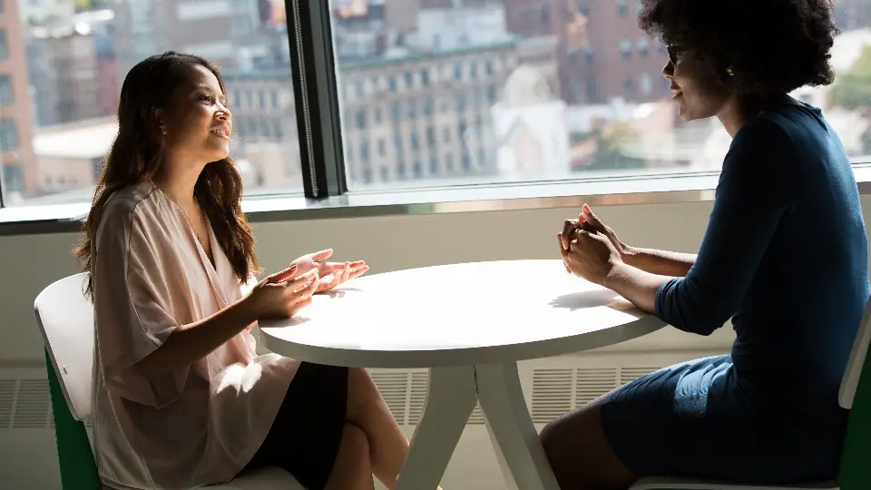 Two business professionals in a meeting by an office window